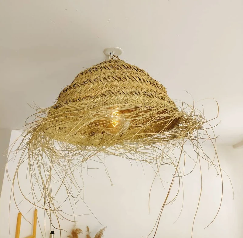 Suspension paille tressée, Suspension luminaire naturelle, Luminaire naturelle extérieur fait main