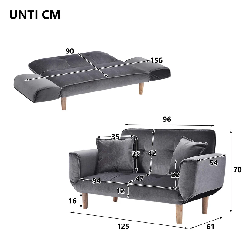 Canapé-lit inclinable en velours gris 2 places pour salon/chambre d'amis/bureau Design moderne 125 x 61 x 70 cm