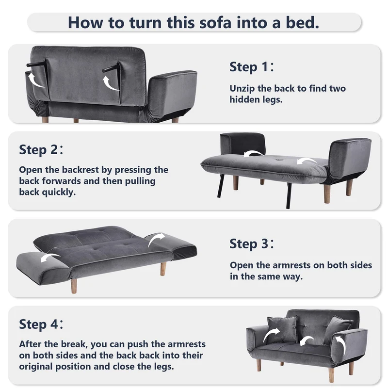 Canapé-lit inclinable en velours gris 2 places pour salon/chambre d'amis/bureau Design moderne 125 x 61 x 70 cm