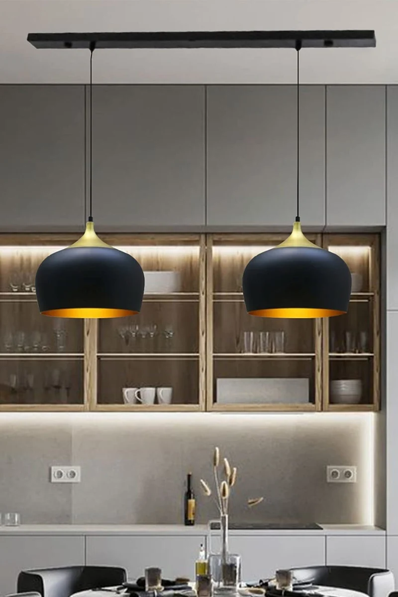 bamyum Lot de 2 Suspension Luminaire Moderne en Bois et Metal, Lustre Salle à Manger Ronde de 30 cm, Lustre Cuisine E27 en Métal, Plafonnier, Lampe pour Chambre, Salon, Couloir, Noir