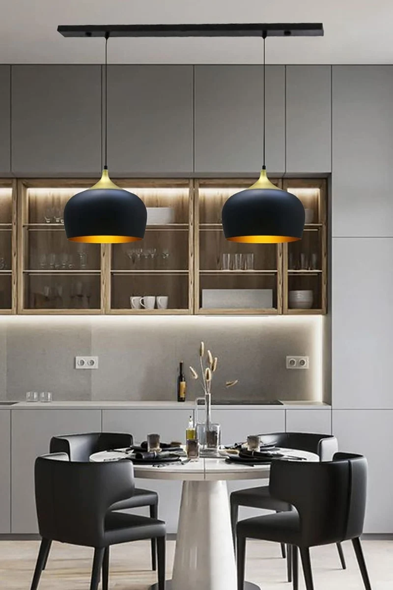 bamyum Lot de 2 Suspension Luminaire Moderne en Bois et Metal, Lustre Salle à Manger Ronde de 30 cm, Lustre Cuisine E27 en Métal, Plafonnier, Lampe pour Chambre, Salon, Couloir, Noir