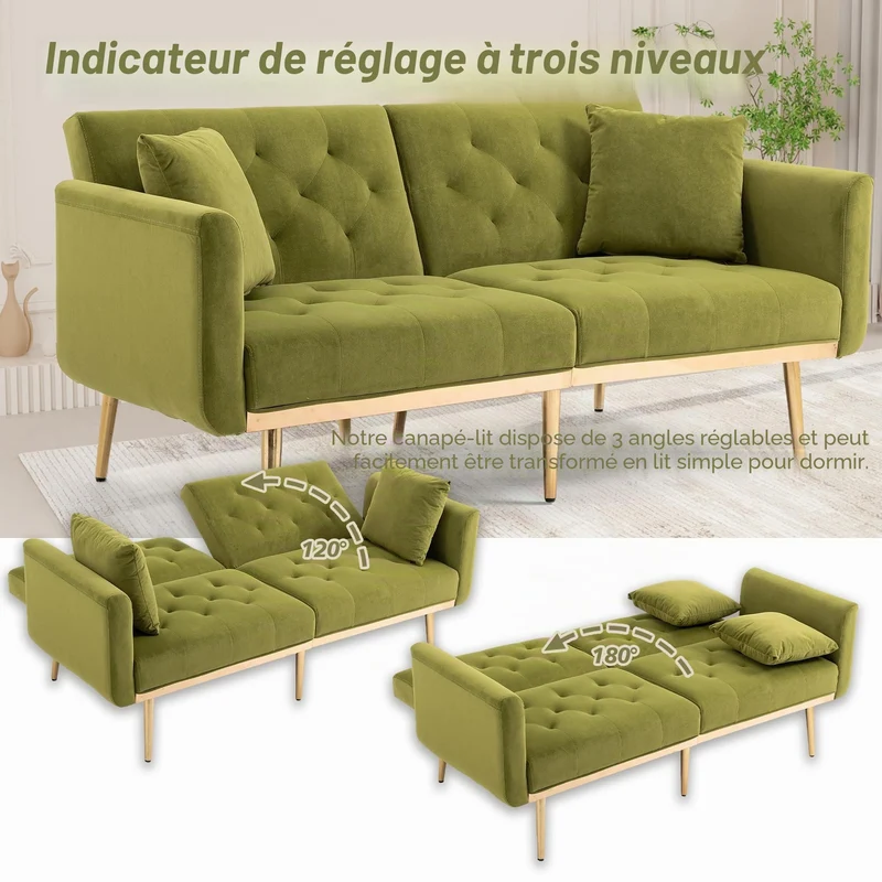 YESGIGA Canapé design 3 places en velours doux, canapé-lit convertible, canapé-lit convertible, support de jambe en métal robuste, adapté à plusieurs scénarios salon, chambre à coucher (vert olive)