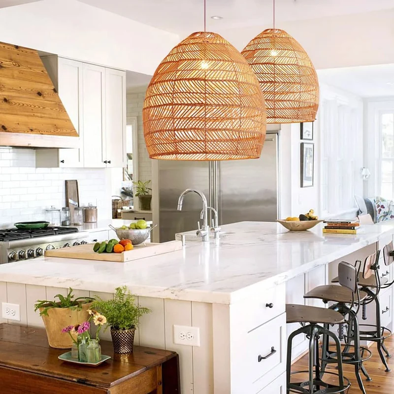 CHUNGYANG Suspension en Rotin Naturel ， Lampe d'art en Bambou Naturel Rotin Art Suspendu Plafonnier Abat-Jour, Lustre Abat-Jour Fait Main pour Lanterne D'îlot De Cuisine