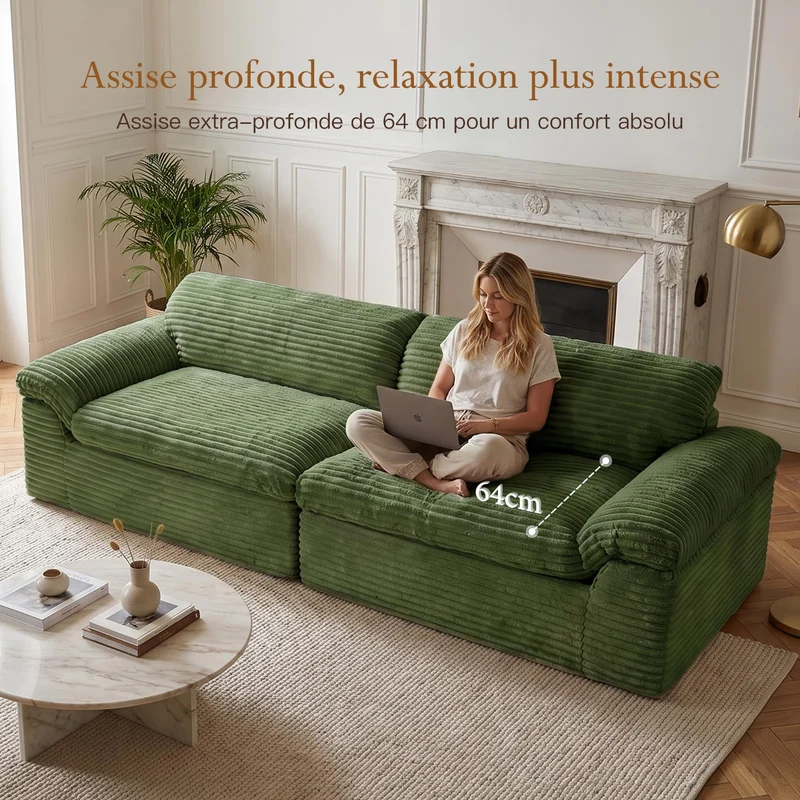 Vesgantti 260 cm Compressible canapé, Canapé 3 Places avec Assise Profonde, Velours Côtelé, Moderne modulable Cloud, pour Salon, Chambre d’Amis, Aucun Assemblage requis, Vert