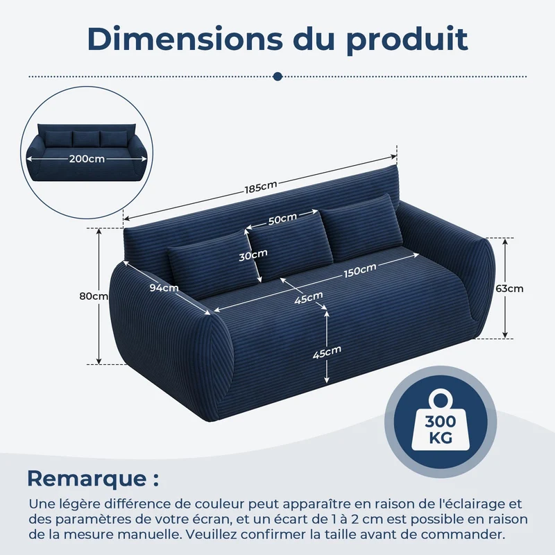 Vesgantti Canapé 3 Places Velours Côtelé sans Montage 200 x 94 x 80cm-Bleu