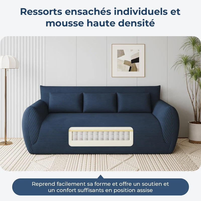 Vesgantti Canapé 3 Places Velours Côtelé sans Montage 200 x 94 x 80cm-Bleu