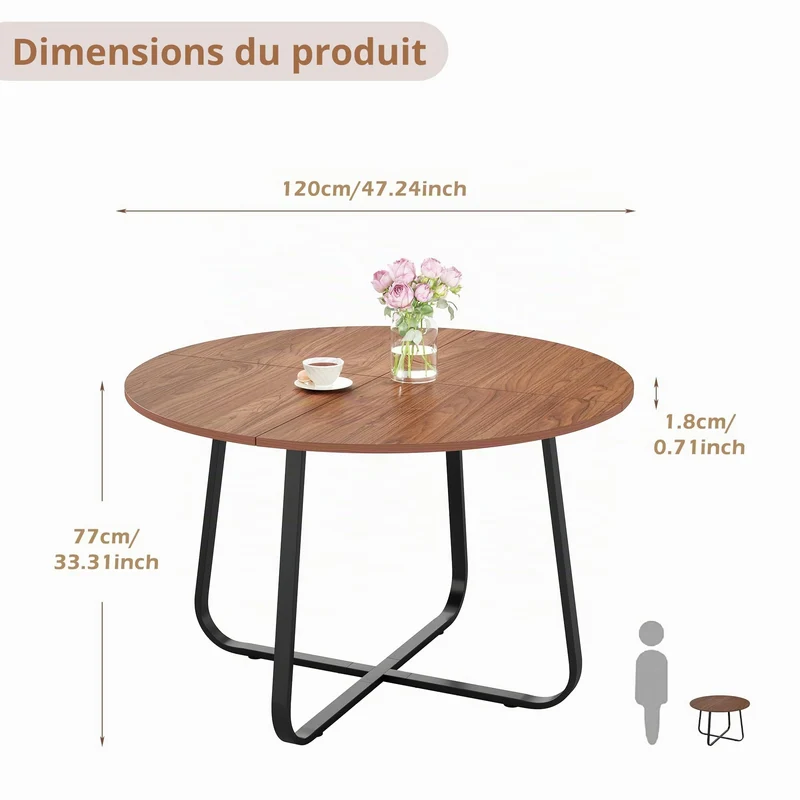 Suuiwau Table de salle à manger ronde 120 cm en bois marron noyer moderne pour cuisine, salon, salle à manger, terrasse, cour, café, bureau et autres endroits