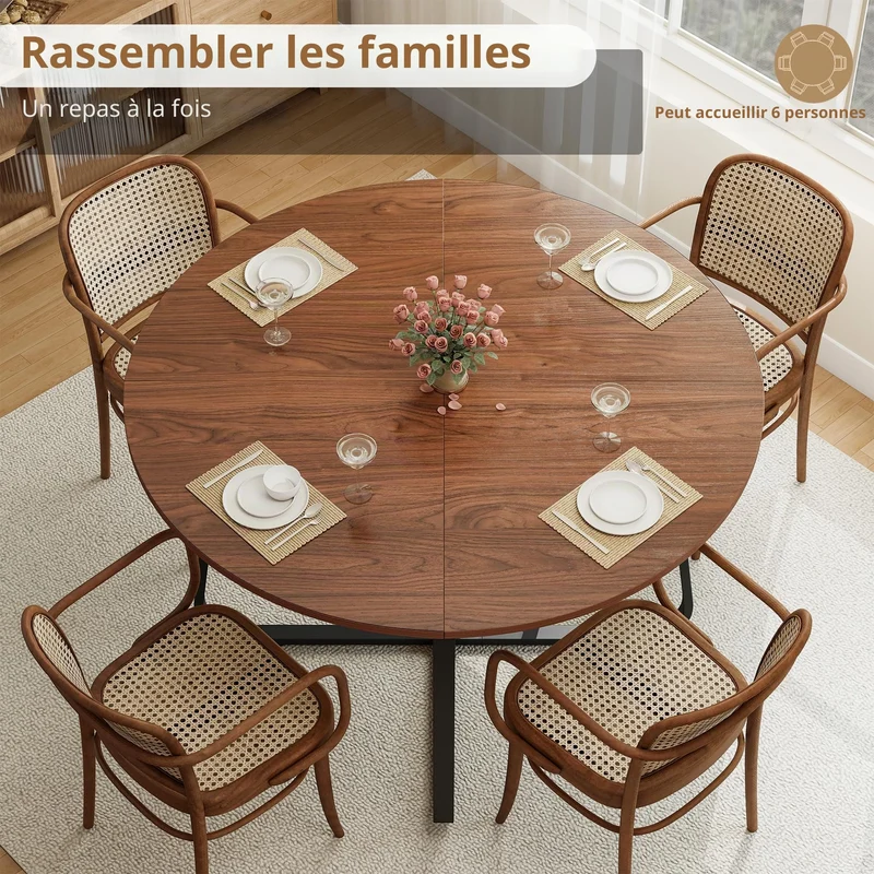 Suuiwau Table de salle à manger ronde 120 cm en bois marron noyer moderne pour cuisine, salon, salle à manger, terrasse, cour, café, bureau et autres endroits
