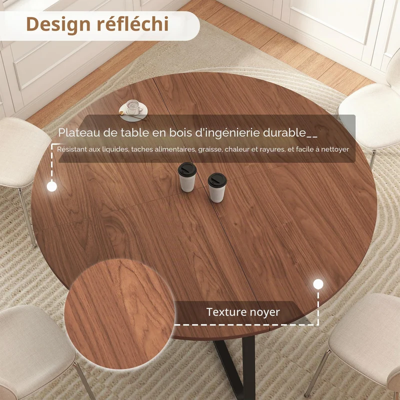 Suuiwau Table de salle à manger ronde 120 cm en bois marron noyer moderne pour cuisine, salon, salle à manger, terrasse, cour, café, bureau et autres endroits