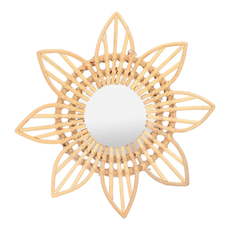 LKPOMI Rotin Boho Art Innovant Décoration Rotin Fleur Circulaire Tenture Murale Miroir Rétro Dressing Maquillage Miroir pour Ferme, Salon, Chambre, Salle de Bain(L)