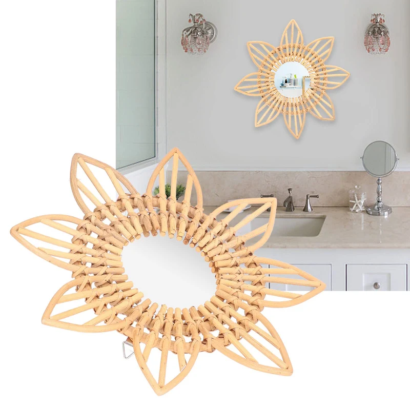 LKPOMI Rotin Boho Art Innovant Décoration Rotin Fleur Circulaire Tenture Murale Miroir Rétro Dressing Maquillage Miroir pour Ferme, Salon, Chambre, Salle de Bain(L)