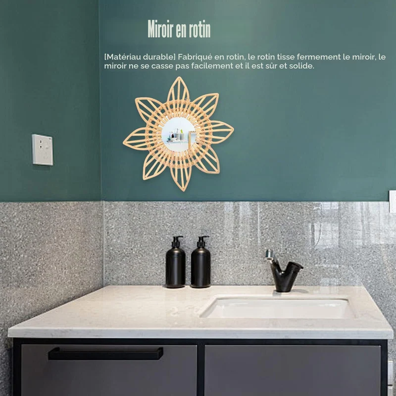 LKPOMI Rotin Boho Art Innovant Décoration Rotin Fleur Circulaire Tenture Murale Miroir Rétro Dressing Maquillage Miroir pour Ferme, Salon, Chambre, Salle de Bain(L)