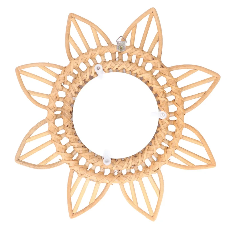 LKPOMI Rotin Boho Art Innovant Décoration Rotin Fleur Circulaire Tenture Murale Miroir Rétro Dressing Maquillage Miroir pour Ferme, Salon, Chambre, Salle de Bain(L)