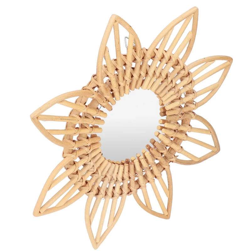 LKPOMI Rotin Boho Art Innovant Décoration Rotin Fleur Circulaire Tenture Murale Miroir Rétro Dressing Maquillage Miroir pour Ferme, Salon, Chambre, Salle de Bain(L)