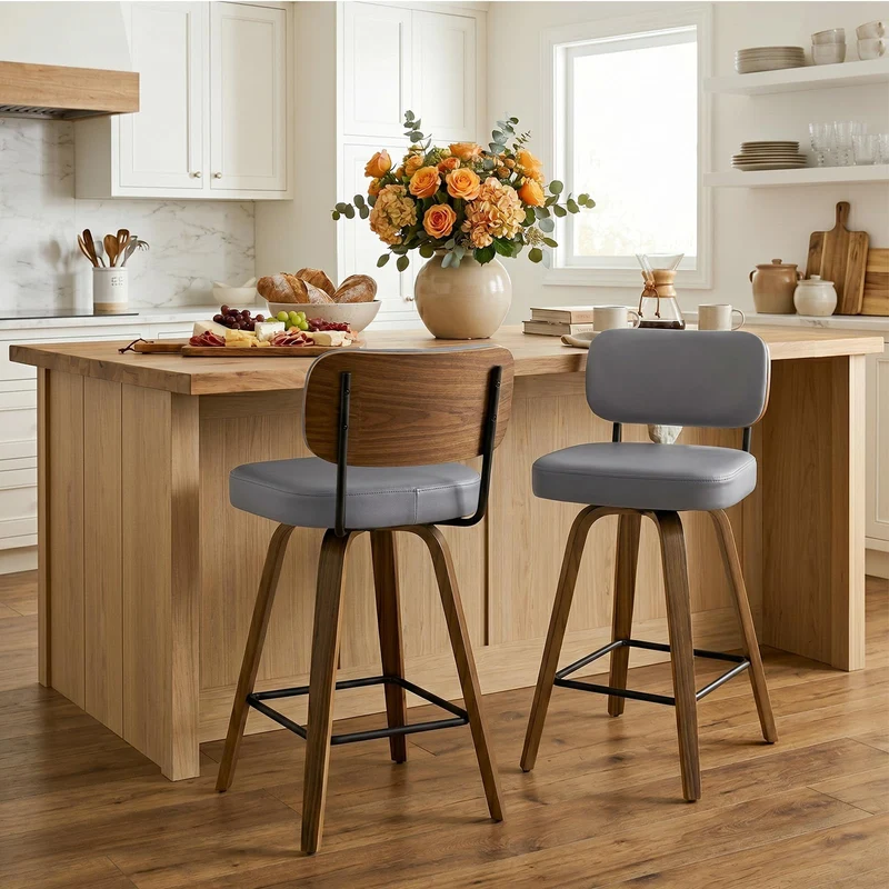 Bekrvio Lot de 4 tabourets de Bar pivotants à 360° avec Dossier, 65 cm de Hauteur d'assise - en Cuir synthétique et Bois Massif - 4 Pieds - pour Cuisine et comptoir - Chaise de Bar pivotante avec