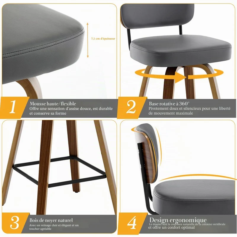 Bekrvio Lot de 4 tabourets de Bar pivotants à 360° avec Dossier, 65 cm de Hauteur d'assise - en Cuir synthétique et Bois Massif - 4 Pieds - pour Cuisine et comptoir - Chaise de Bar pivotante avec
