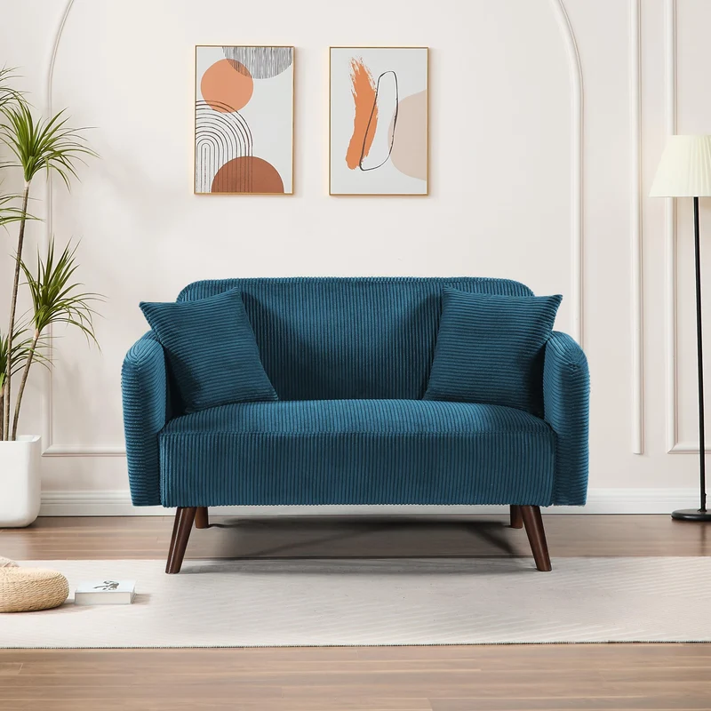 [en.casa] Canapé 2 Places Confortable avec 2 Coussins Sofa Rembourré avec Accoudoir Excellente Stabilité Capacité de Charge 320 kg Salon Chambre à Coucher Velours Côtelé 132 x 70 x 80 cm Bleu
