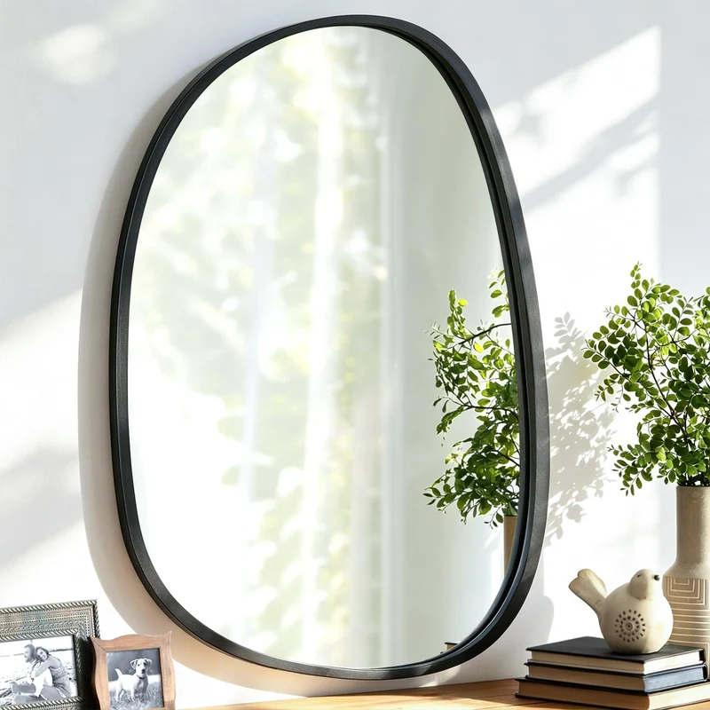 Lzuso Miroir Mural Noir décoratif asymétrique Grand Miroir Mural Ovale Moderne à Cadre en Bois Style Unique vanité Murale Art Miroir à Vagues Salon Chambre Salle de Bain xuanguan 65x45cm