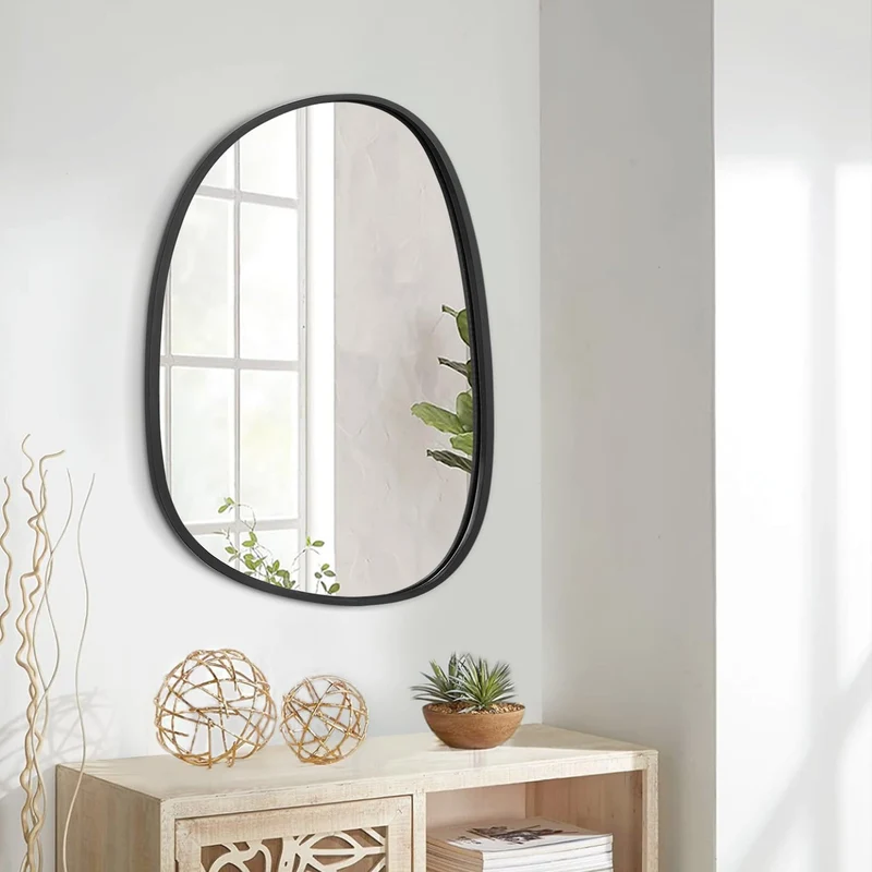Lzuso Miroir Mural Noir décoratif asymétrique Grand Miroir Mural Ovale Moderne à Cadre en Bois Style Unique vanité Murale Art Miroir à Vagues Salon Chambre Salle de Bain xuanguan 65x45cm
