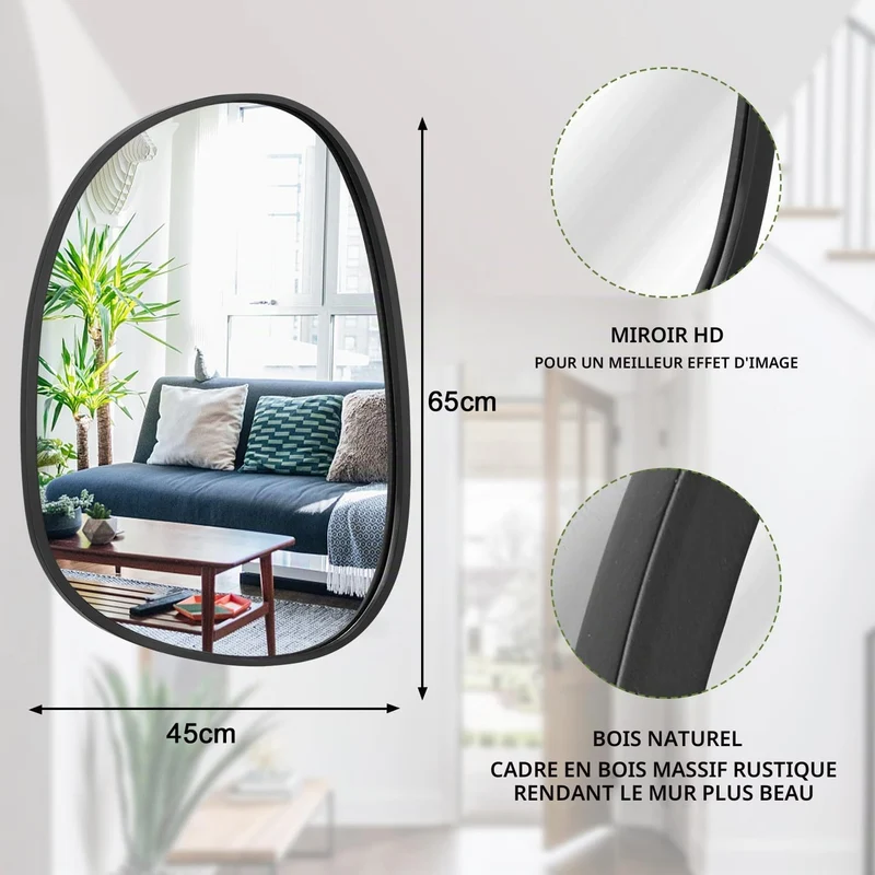 Lzuso Miroir Mural Noir décoratif asymétrique Grand Miroir Mural Ovale Moderne à Cadre en Bois Style Unique vanité Murale Art Miroir à Vagues Salon Chambre Salle de Bain xuanguan 65x45cm