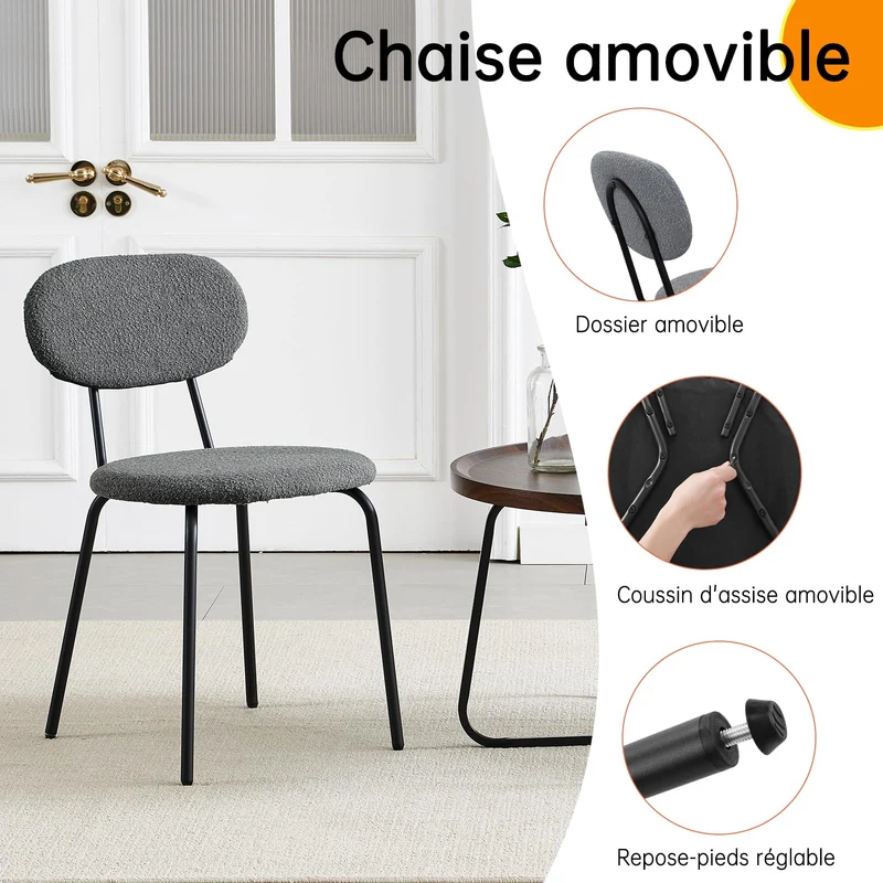 WAFTING Chaises de Salle à Manger Lot de 4, Chaise de Cuisine Empilables, avec Coussin en Tissu Teddy et Pieds Métalliques, pour la Salle à Manger, Cuisine, Salon, Chambre-Gris Foncé