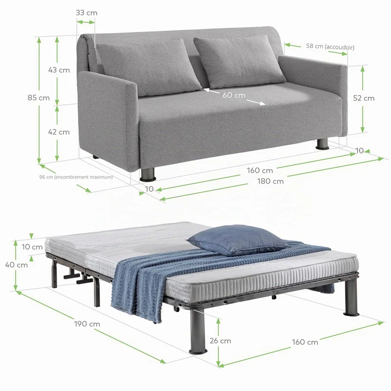 EVERGREENWEB Canapé-lit 3 Places Convertible en Lit avec Matelas 160x190 Effet Massant 0rthopédique, Extensible Sofa Bed Pliable, Housse Déhoussable et Lavable Couleur Gris, 2 Coussins Inclus | Edith