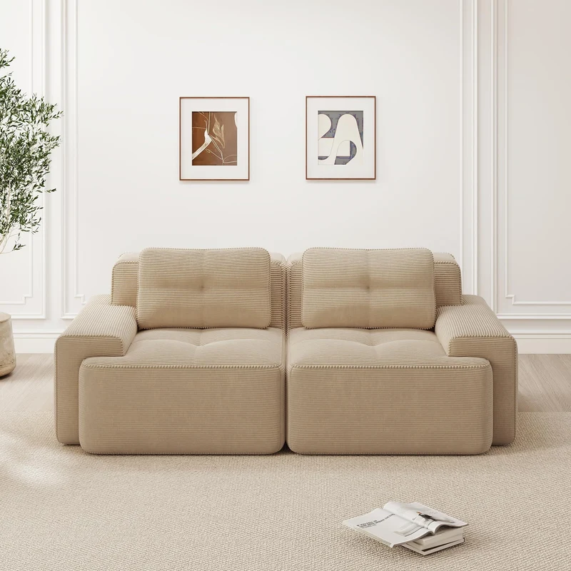 Yihomfy Canapé 2 Places Modulaire Désossé, Loveseat Small Canapé avec 2 Coussins, Confortable Velours Côtelé Cloud Canapé de Salon, sans Montage (Beige, 2 Sièges)