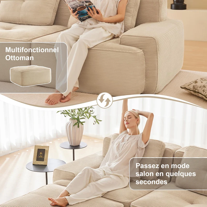 Yihomfy Canapé 2 Places Modulaire Désossé, Loveseat Small Canapé avec 2 Coussins, Confortable Velours Côtelé Cloud Canapé de Salon, sans Montage (Beige, 2 Sièges)