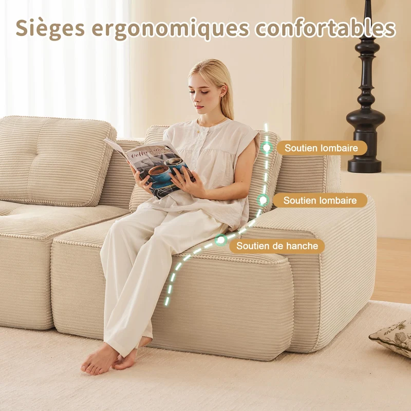 Yihomfy Canapé 2 Places Modulaire Désossé, Loveseat Small Canapé avec 2 Coussins, Confortable Velours Côtelé Cloud Canapé de Salon, sans Montage (Beige, 2 Sièges)