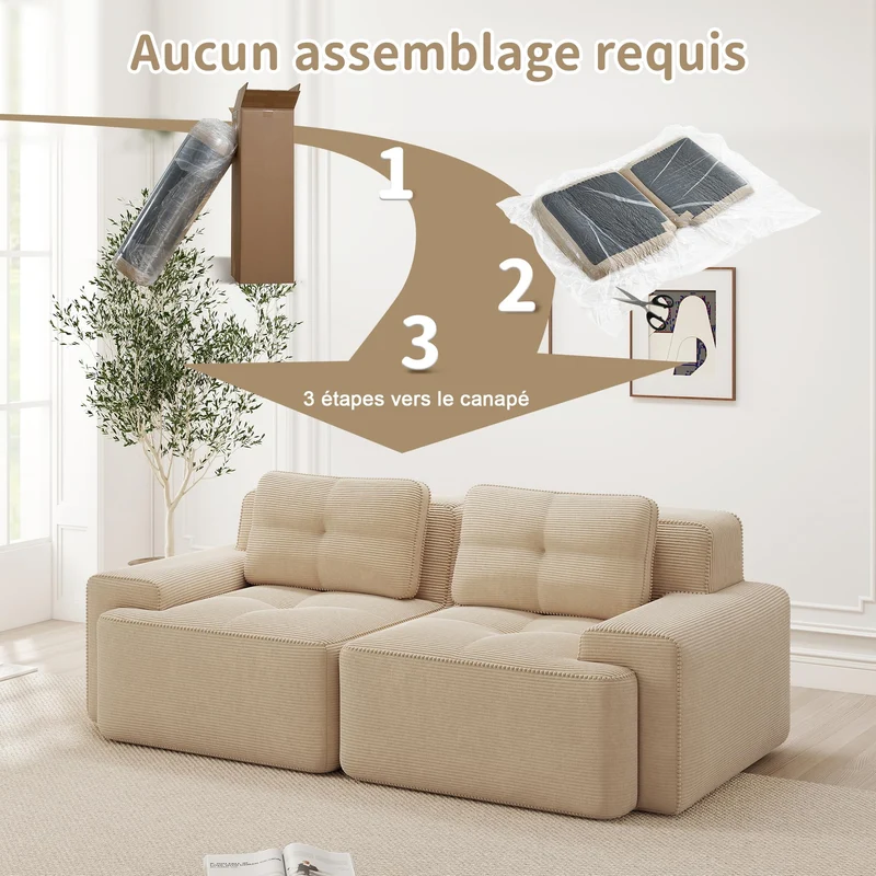 Yihomfy Canapé 2 Places Modulaire Désossé, Loveseat Small Canapé avec 2 Coussins, Confortable Velours Côtelé Cloud Canapé de Salon, sans Montage (Beige, 2 Sièges)
