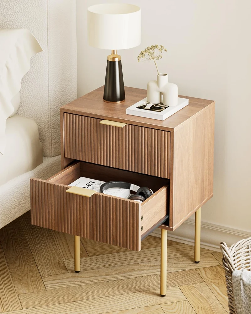 HEYZOEY Table de Chevet Bois avec 2 tiroirs, Moderne, Style bohème, pour Chambre à Coucher, Salon, Noyer