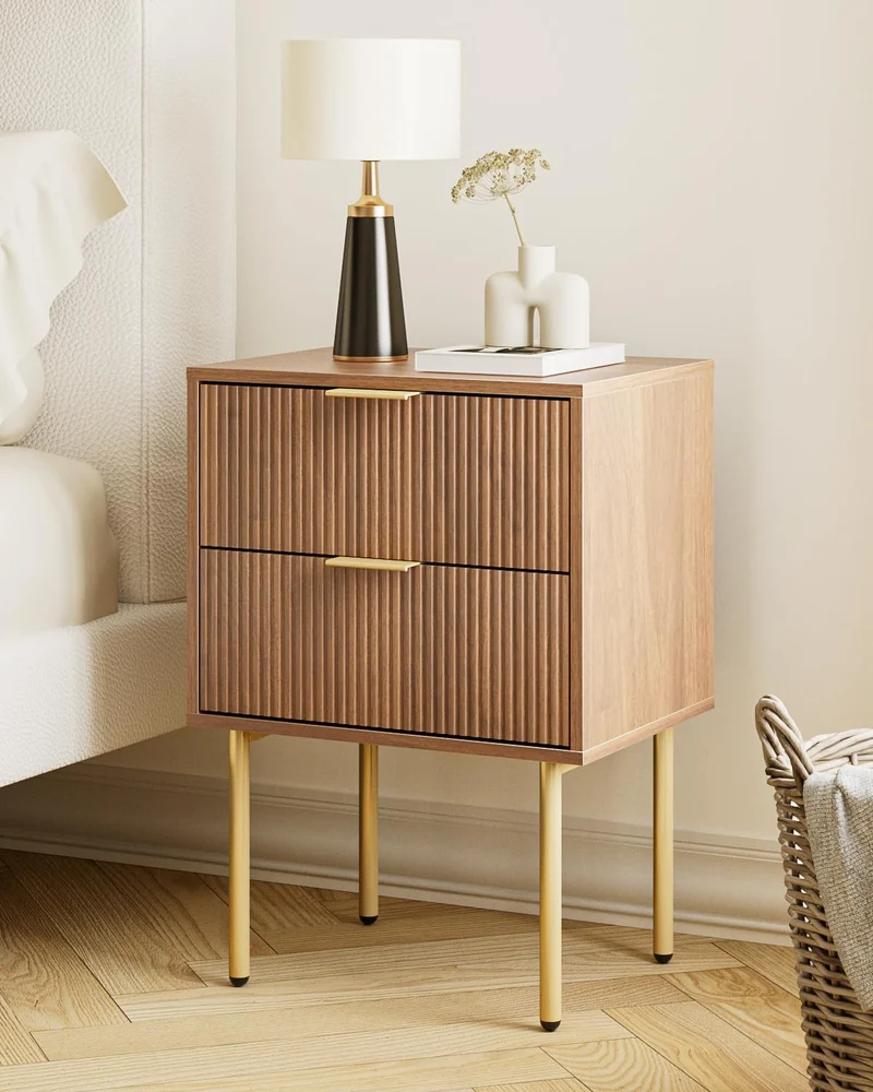 HEYZOEY Table de Chevet Bois avec 2 tiroirs, Moderne, Style bohème, pour Chambre à Coucher, Salon, Noyer
