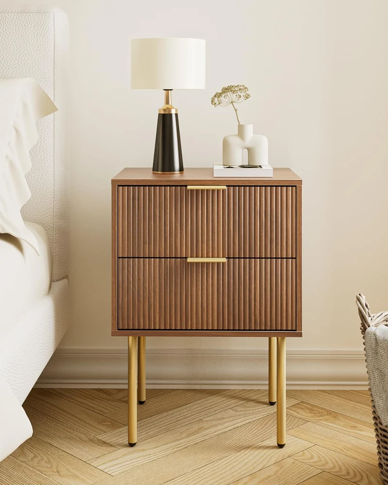 HEYZOEY Table de Chevet Bois avec 2 tiroirs, Moderne, Style bohème, pour Chambre à Coucher, Salon, Noyer