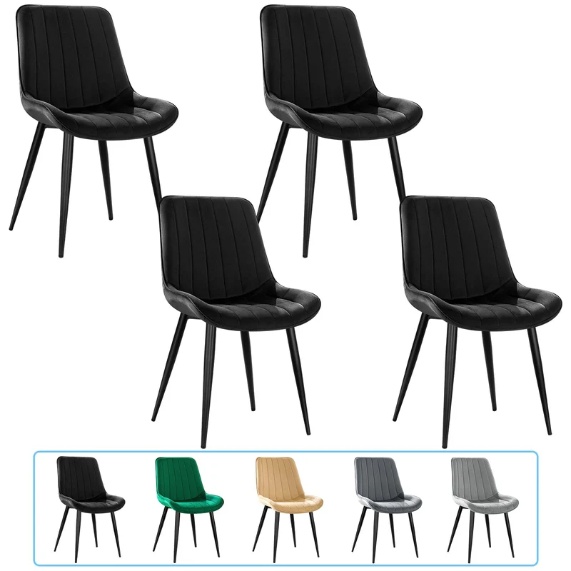 JIJIAN Lot de 4 Chaises de Salle à Manger, Chaises de Cuisine, Chaise tapissée, Chaise de Salon, Design avec Dossier, Assise en Velours avec Pieds Métalliques Noirs, Noir