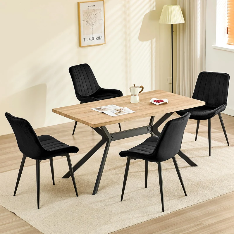 JIJIAN Lot de 4 Chaises de Salle à Manger, Chaises de Cuisine, Chaise tapissée, Chaise de Salon, Design avec Dossier, Assise en Velours avec Pieds Métalliques Noirs, Noir