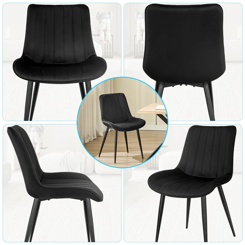 JIJIAN Lot de 4 Chaises de Salle à Manger, Chaises de Cuisine, Chaise tapissée, Chaise de Salon, Design avec Dossier, Assise en Velours avec Pieds Métalliques Noirs, Noir