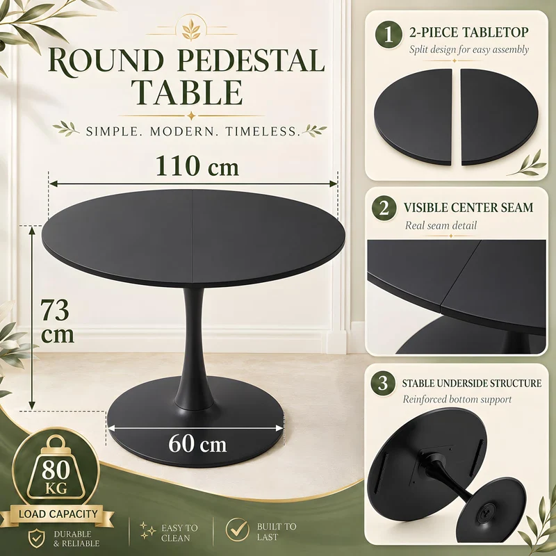GOKHOMX Table Ronde Noire 110 cm - pour 4 à 6 Personnes, Parfaite pour la Cuisine, la Salle à Manger, Le Bistro et Les Conférences | Design Scandinave Moderne