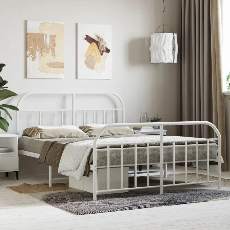 vidaXL Cadre de lit métal avec tête de lit/Pied de lit Blanc 140x200cm, lit Double, Meuble de Chambre à Coucher, lit d'invité, lit