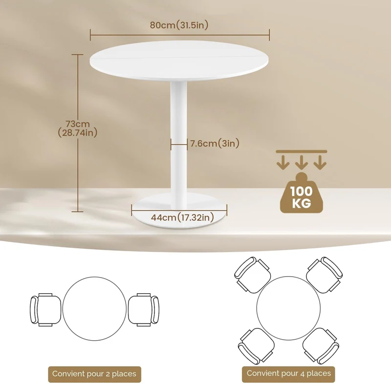 buybyroom Table Ronde Salle Manger Table a Manger Ronde Blanche für Küche, Esszimmer, Wohnzimmer und Büro für 2-4, 80cm, Blanc