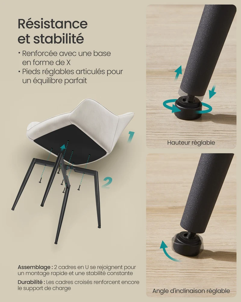 SONGMICS Chaise Salle à Manger, Chaise de Cuisine, Fauteuil en Velours, Rembourrée, avec Accoudoirs, Charge Max. 120 kg, Pieds en Métal, pour Salle à Manger, Beige Cappuccino et Noir d'Encre LDC087W01