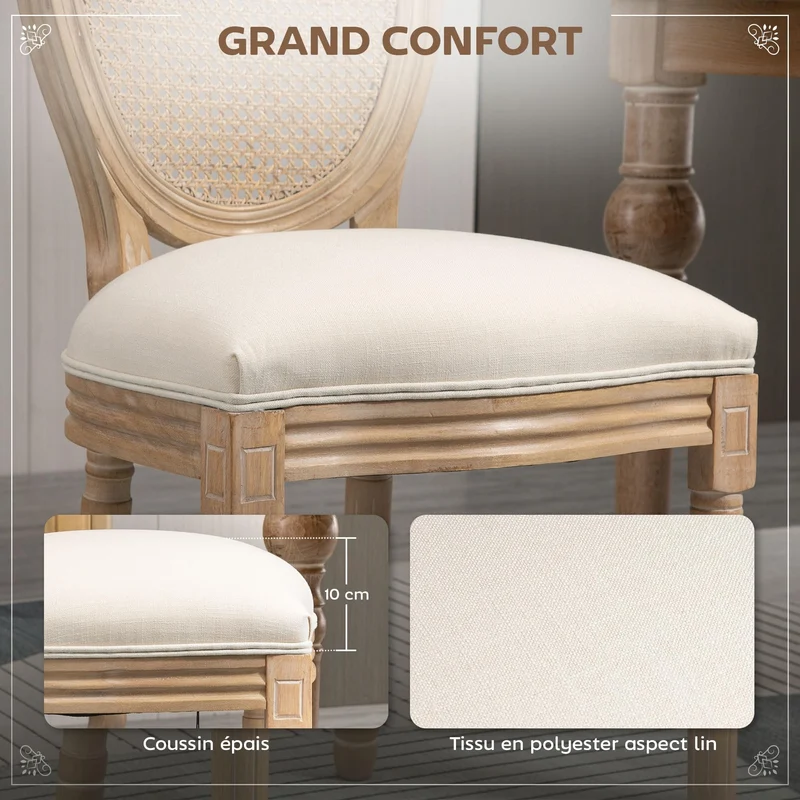 HOMCOM Lot de 2 chaises de Salle à Manger - Chaise de Salon médaillon Style Louis XVI - Bois Massif sculpté, patiné - Dossier cannage - Aspect Lin Crème