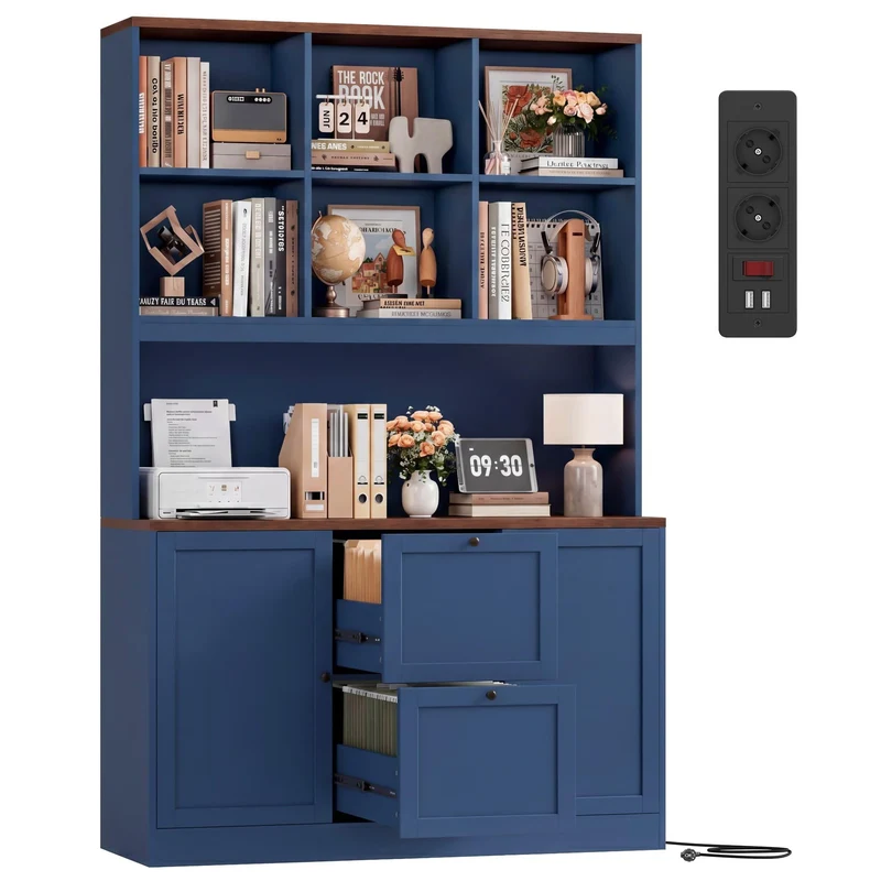 FirFurd Bibliotheque Meuble de Rangement avec Prise/USB, 2 Portes 2 Tiroirs pour Dossiers Suspendus, Armoire Bureau Bibliothèque Livre pour Salon Cuisine 116x40x182cm Bleu