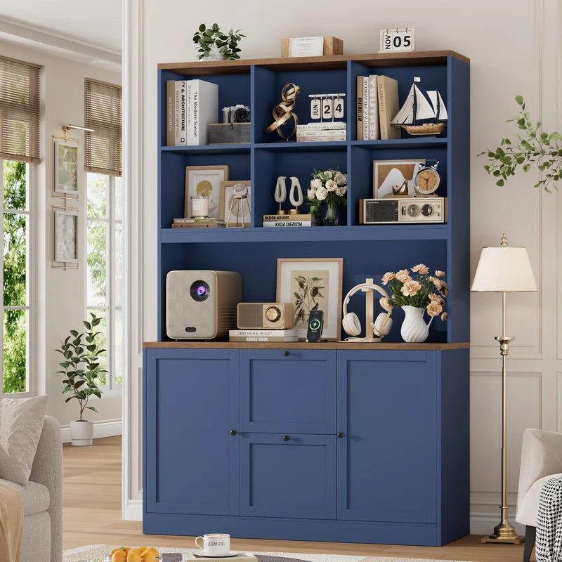 FirFurd Bibliotheque Meuble de Rangement avec Prise/USB, 2 Portes 2 Tiroirs pour Dossiers Suspendus, Armoire Bureau Bibliothèque Livre pour Salon Cuisine 116x40x182cm Bleu