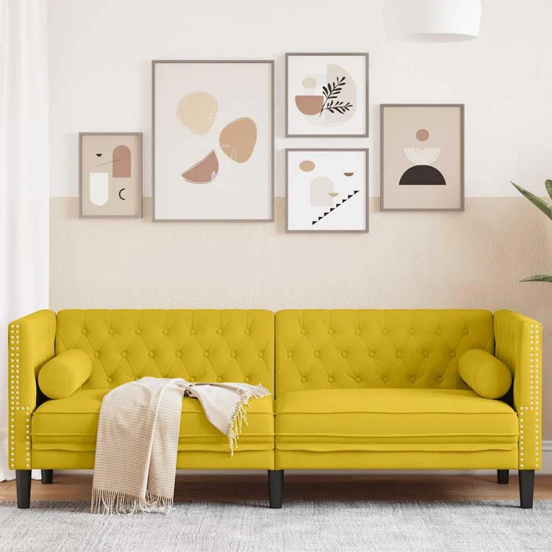 Ordellia Canapé Chesterfield 3 Places Jaune en Velours, canapé Divan Sofa Banquette, traversins Inclus, accoudoir et Dossier capitonnés, Salon séjour Maison, Structure Bois Massif