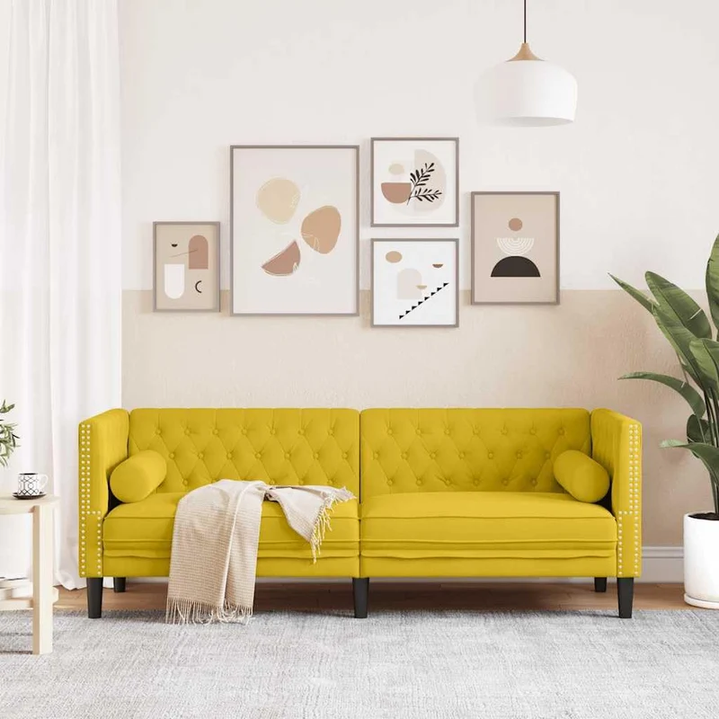 Ordellia Canapé Chesterfield 3 Places Jaune en Velours, canapé Divan Sofa Banquette, traversins Inclus, accoudoir et Dossier capitonnés, Salon séjour Maison, Structure Bois Massif