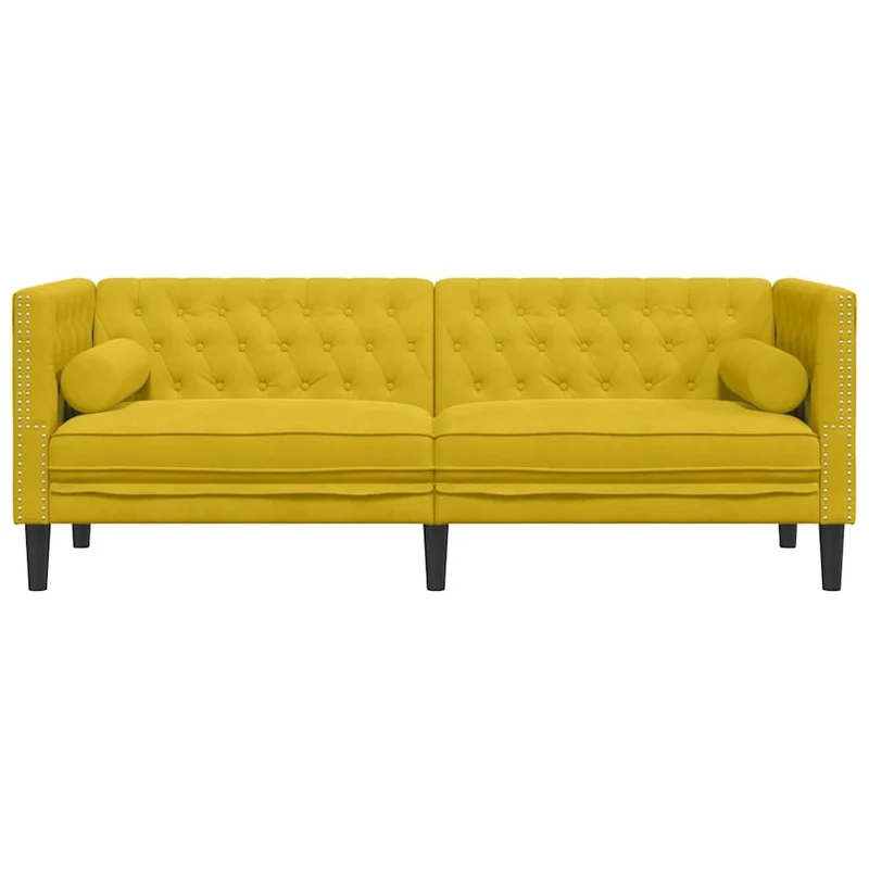 Ordellia Canapé Chesterfield 3 Places Jaune en Velours, canapé Divan Sofa Banquette, traversins Inclus, accoudoir et Dossier capitonnés, Salon séjour Maison, Structure Bois Massif
