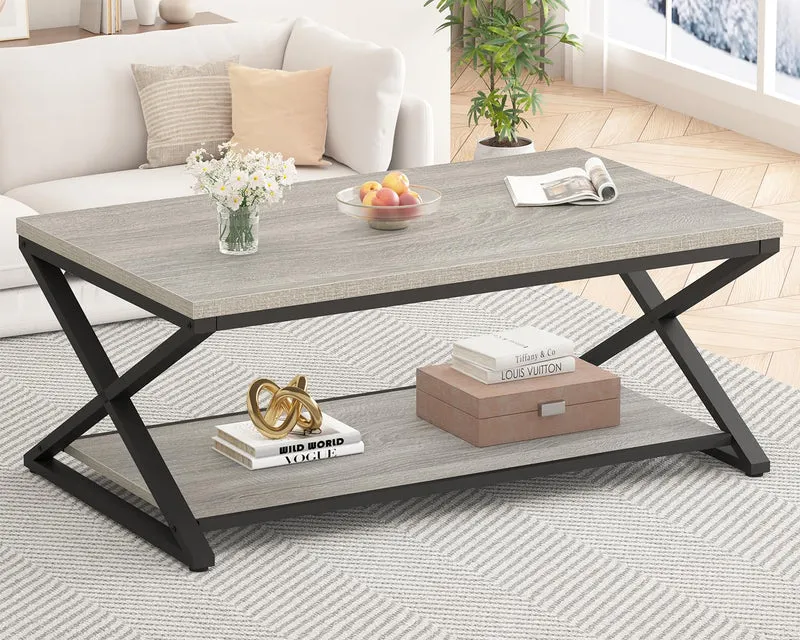 HSH Table Basse Salon Bois pour Canapé Moderne Stable Minimaliste X-Stripes avec Espace de Rangement 120 cm Chêne Gris