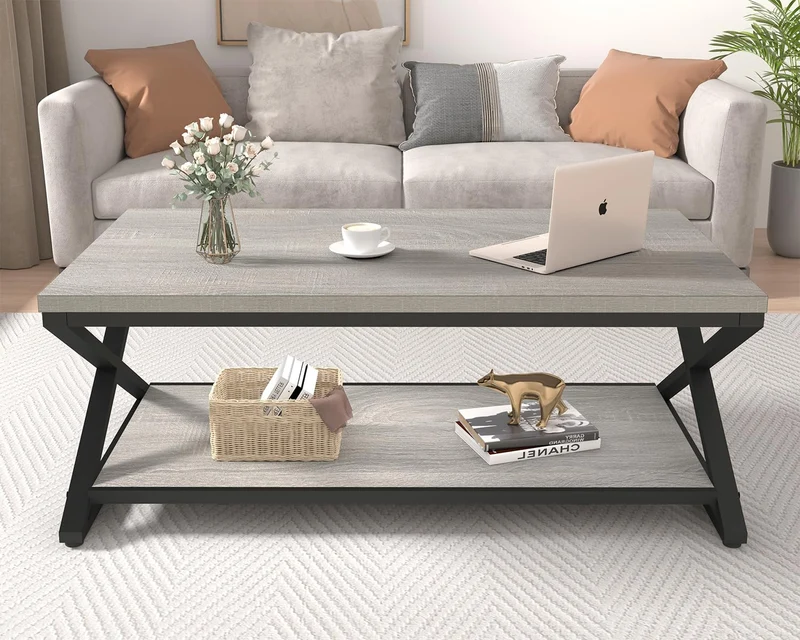 HSH Table Basse Salon Bois pour Canapé Moderne Stable Minimaliste X-Stripes avec Espace de Rangement 120 cm Chêne Gris