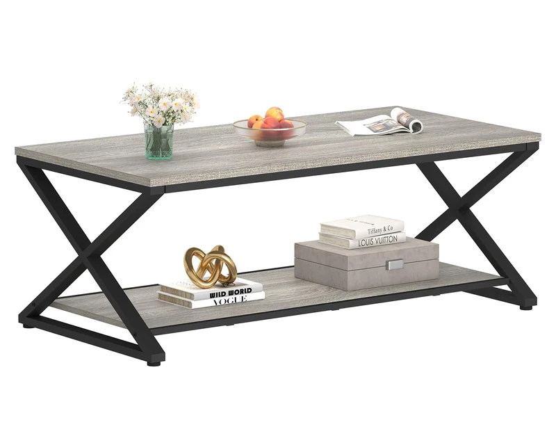 HSH Table Basse Salon Bois pour Canapé Moderne Stable Minimaliste X-Stripes avec Espace de Rangement 120 cm Chêne Gris