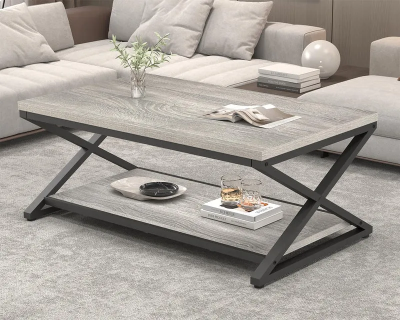 HSH Table Basse Salon Bois pour Canapé Moderne Stable Minimaliste X-Stripes avec Espace de Rangement 120 cm Chêne Gris